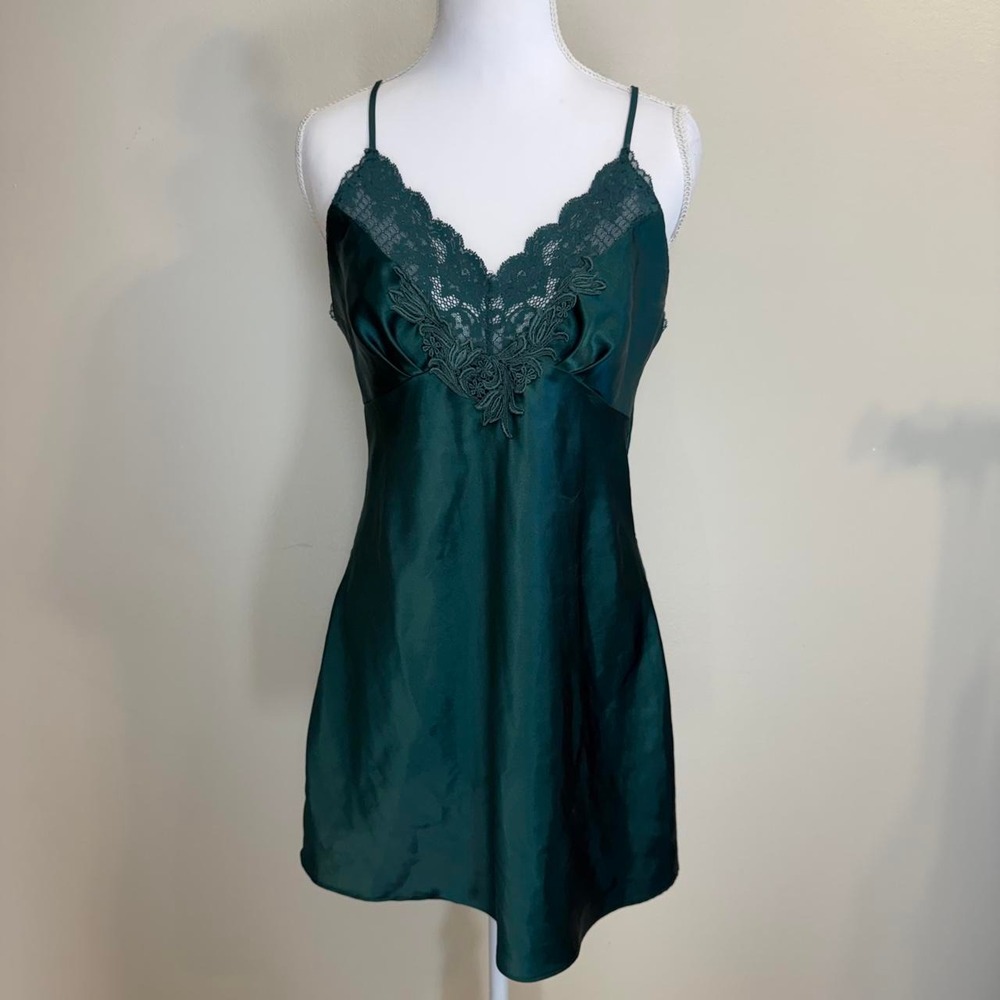 VTG 90s Victoria's Secret Green Babydoll Slip Dress Womens S Lace Coquette